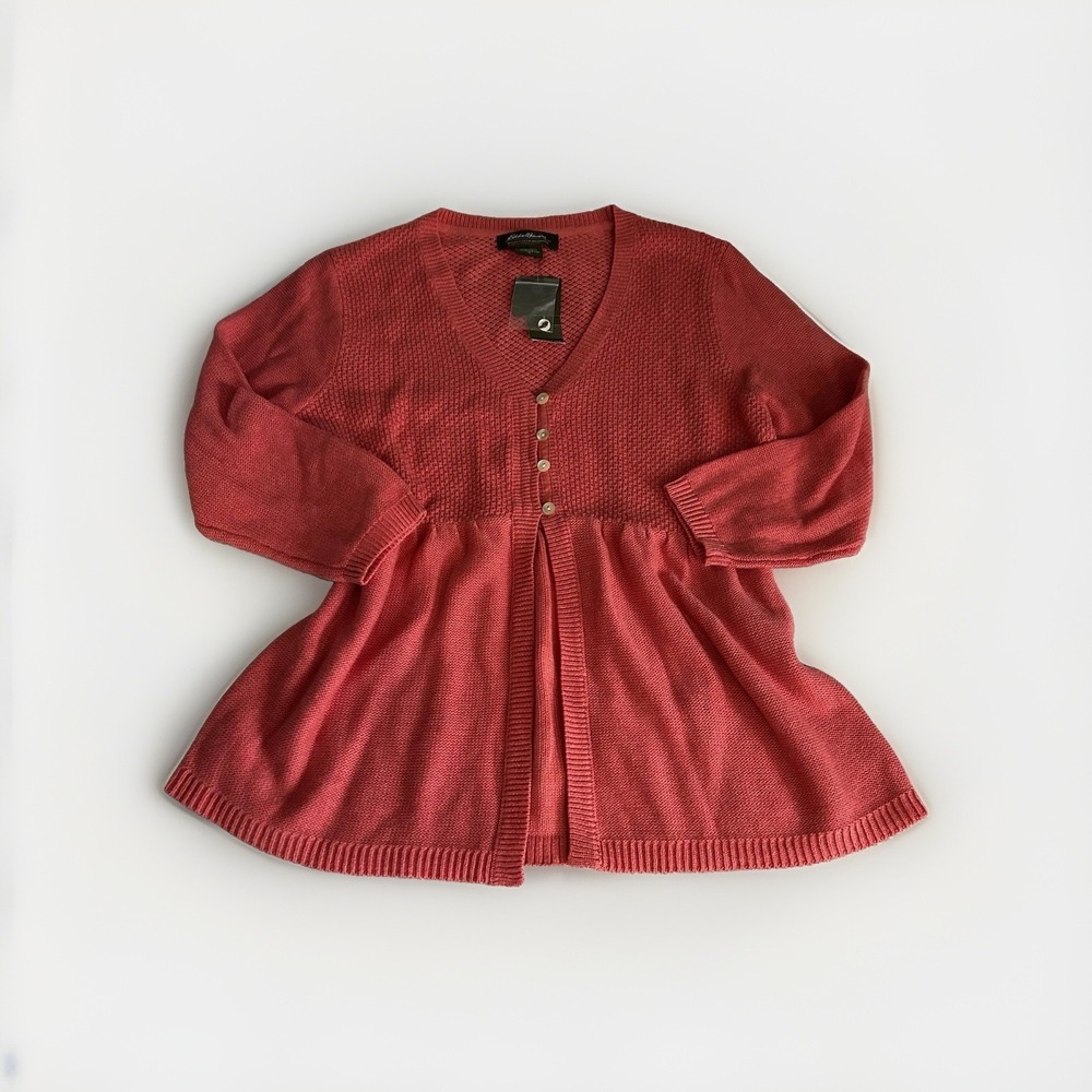 NWT $59 Eddie Bauer Knit Cardigan Sz M Coral Red Shell Buttons Cottagecore Layer